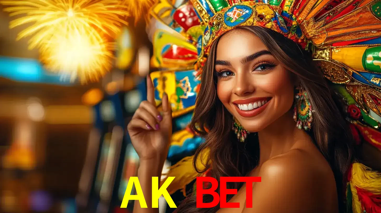 Mulher sorridente com um cocar de carnaval vibrante e colorido, celebrando uma grande vitória nos jogos do cassino AK BET com fogos de artifício ao fundo.