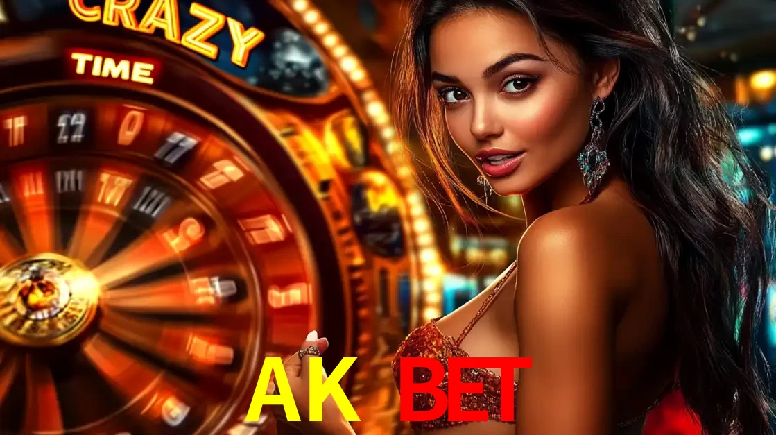 Mulher ao lado da roda de prêmios do jogo de cassino ao vivo Crazy Time, um dos shows de jogos mais emocionantes oferecidos pela plataforma de apostas AK BET.