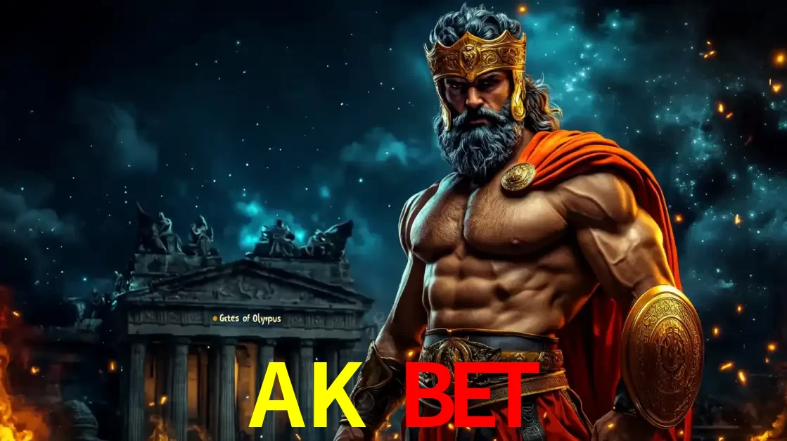 O poderoso Zeus do jogo de slot Gates of Olympus em frente ao seu templo, pronto para lançar multiplicadores divinos e prêmios épicos no cassino online AK BET.