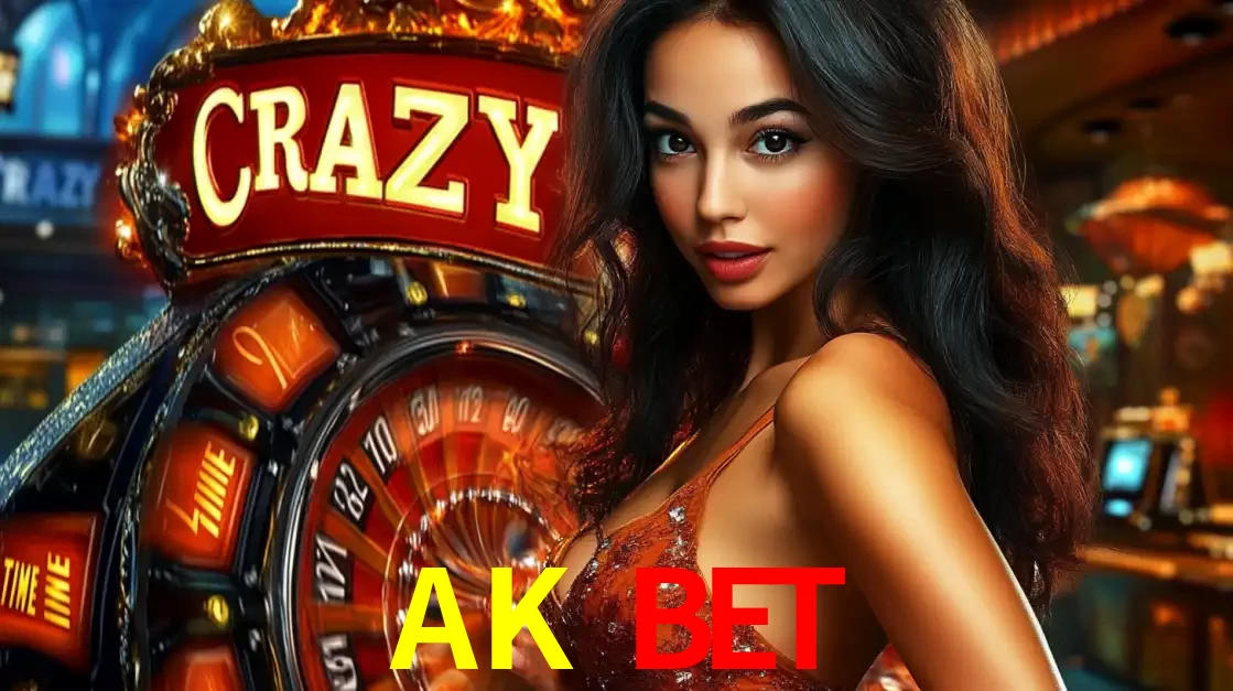 Mulher glamourosa olhando para a câmera com a roda vermelha do Crazy Time ao fundo em um ambiente de cassino, destacando a emoção dos jogos ao vivo no AK BET.