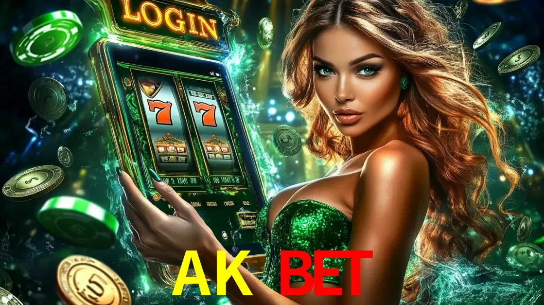 Mulher com tema verde apresentando o aplicativo do cassino AK BET com um jogo de slot de 777, cercada por fichas de cassino e uma aura de sorte.