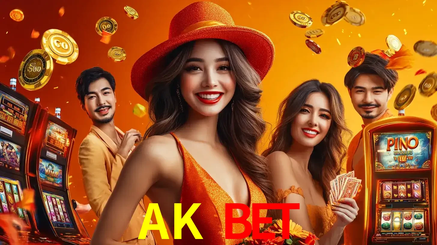 Grupo de amigos asiáticos sorrindo e se divertindo com máquinas de caça-níqueis em um ambiente festivo, celebrando suas vitórias nos jogos de cassino do AK BET.