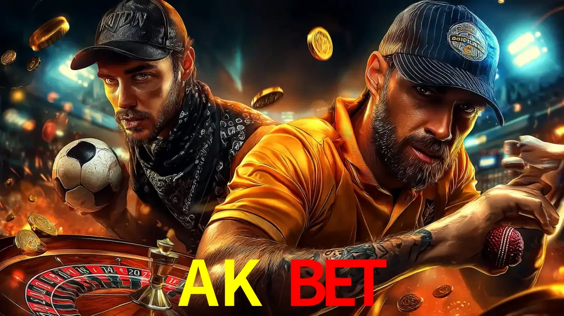 Montagem de apostas esportivas e cassino no AK BET, com um homem segurando uma bola de futebol e outro uma de beisebol sobre uma roleta e moedas voadoras.