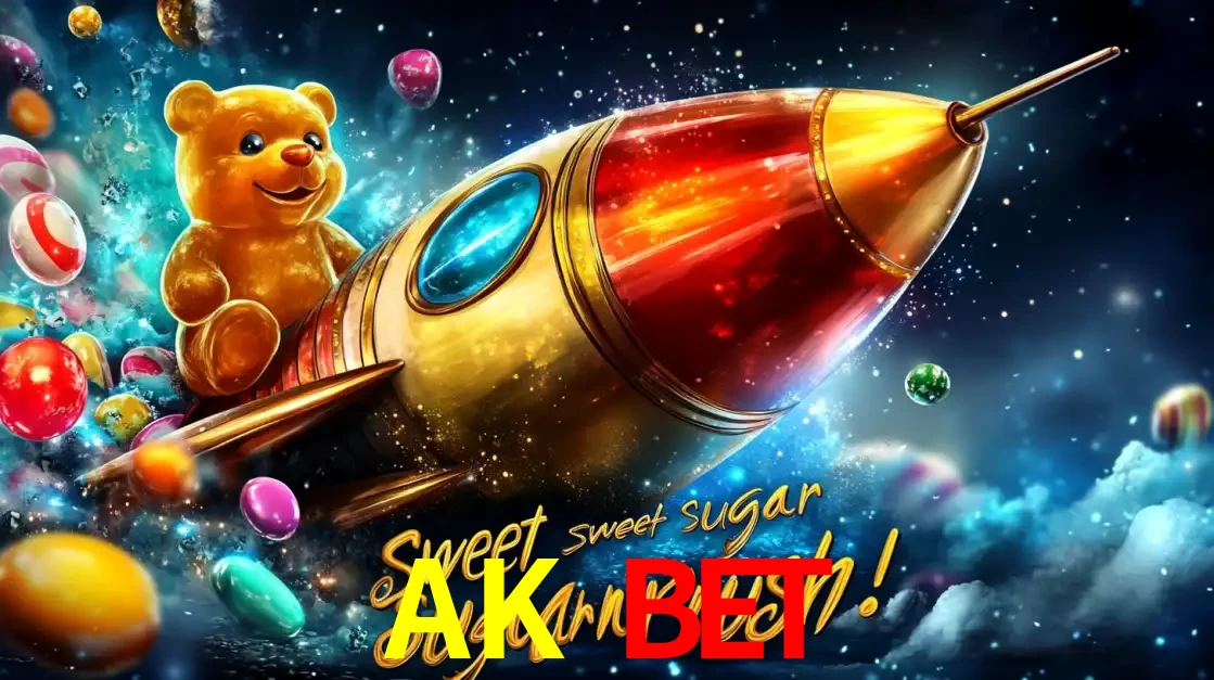 Arte promocional do jogo de slot Sugar Rush, com um urso de pelúcia em um foguete viajando pelo espaço de doces, um dos jogos divertidos disponíveis no cassino AK BET.