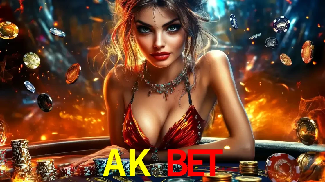 Mulher em uma mesa de cassino com pilhas de fichas e um fundo de fogo, pronta para uma rodada de altas apostas nos jogos de mesa emocionantes do cassino AK BET.