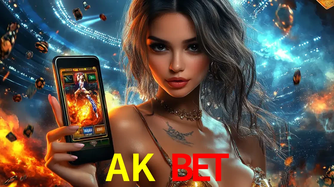 Mulher segurando um celular com um jogo de slot em destaque, tendo como fundo um estádio vibrante, simbolizando a emoção de jogar no cassino móvel AK BET.