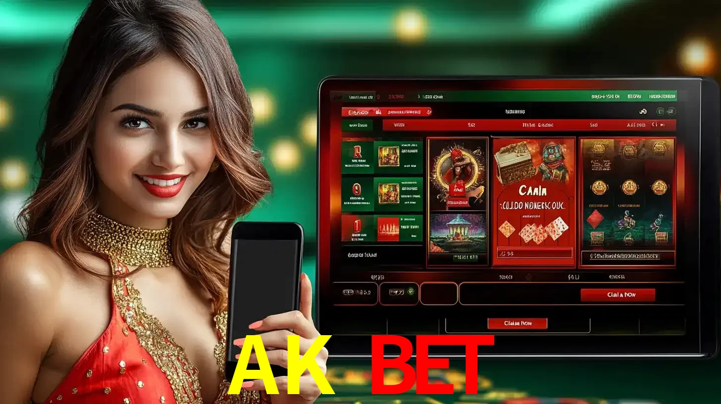 Mulher sorridente segurando um smartphone, ao lado de uma tela exibindo o lobby de jogos do cassino online AK BET, com várias opções de jogos de cartas e slots.